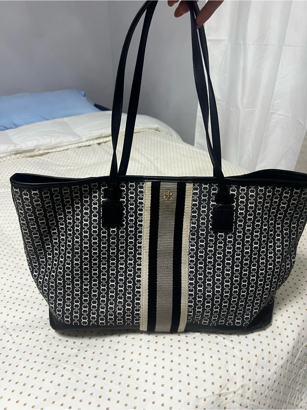 Tory Burch Black and Cream Logo Stripe Tote
